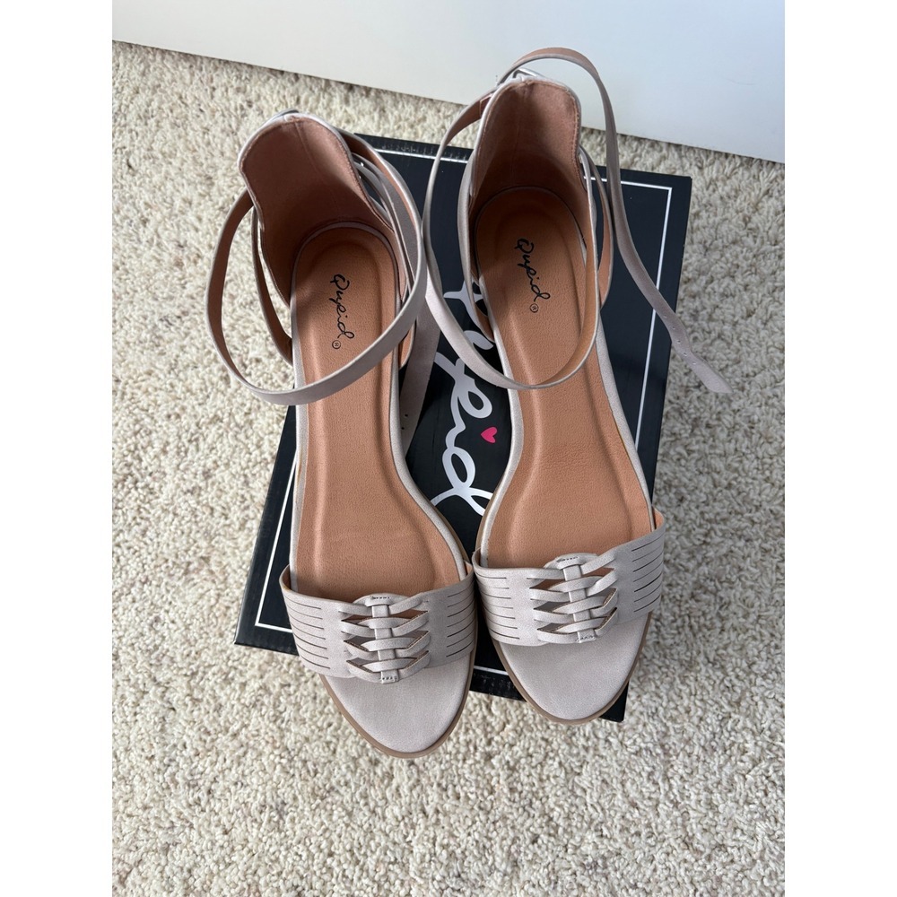 Qupid Wedge Sandals 9 Taupe LIAM-04 Distressed PU Ankle Strap Caged Toe - Picture 2 of 6